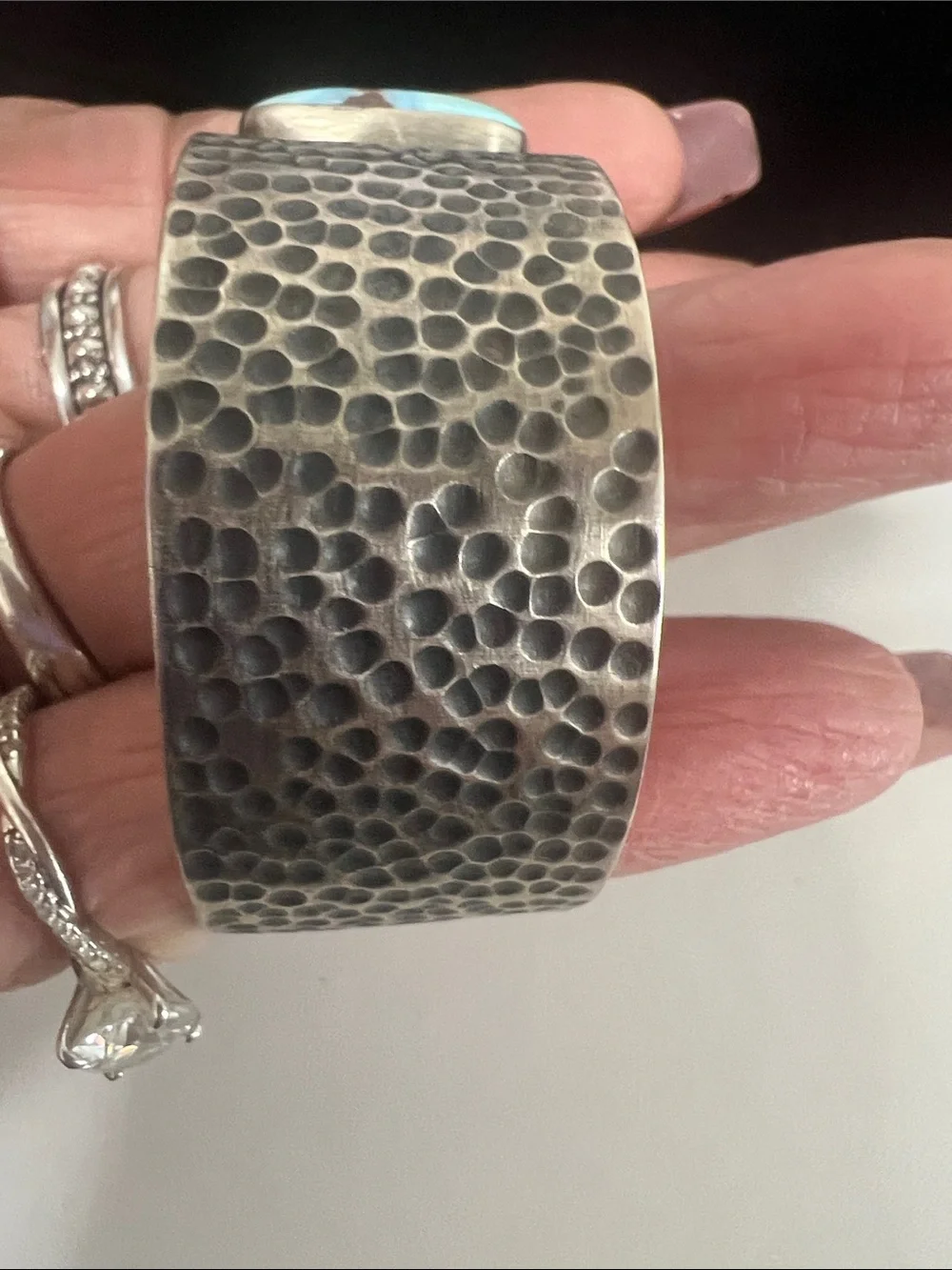 Sterling silver Hammered Cuff Bracelet with golden hills Turquoise Stone - Blue